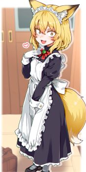  1girl animal_ear_fluff animal_ears apron black_dress black_shoes blonde_hair borrowed_character breasts brown_eyes dress eyebrows_hidden_by_hair fang fox_ears fox_girl fox_tail from_side gloves gosu_mei_(sakifox) hair_between_eyes hand_on_own_chest heart juliet_sleeves loafers long_sleeves looking_at_viewer maid maid_apron maid_headdress medium_hair open_mouth puffy_sleeves ribbon shoes skin_fang small_breasts smile solo suitcase tail tenmaru_(pointcircle) waist_ribbon white_apron white_gloves white_headdress white_ribbon white_wrist_cuffs wrist_cuffs  rating:General score:16 user:danbooru