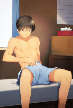  1boy abs bed bedroom black_hair boxers male_focus male_underwear mattress muscular nipples original pectorals red_eyes topless_male short_hair solo stain tissue tissue_box tsudoo underwear  rating:Questionable score:23 user:jw21