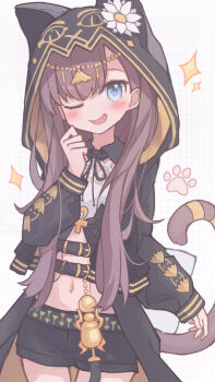  1girl ;d ankh arknights black_jacket black_shorts blue_eyes blush brown_hair brown_tail cowboy_shot flower grey_background hand_up head_chain highres hood hood_up hooded_jacket jacket jewelry long_hair long_sleeves looking_at_viewer nalphanne navel one_eye_closed open_clothes open_jacket open_mouth pepe_(arknights) shorts sketch smile solo sparkle standing tail tail_ornament tail_ring two-sided_fabric two-sided_jacket white_flower yellow_jacket  rating:Sensitive score:5 user:danbooru