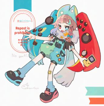  1girl asymmetrical_footwear black_shirt black_shoes blue_bow blue_eyes blue_overalls blue_shoes blue_socks blunt_bangs bow braid brown_hair commentary_request controller cross-shaped_pupils dot_nose full_body game_boy game_boy_color game_controller green_overalls hair_bow handheld_game_console heterochromia holding holding_handheld_game_console horizontal_pupils joy-con long_hair mismatched_footwear mismatched_pupils mochimura_sorata multicolored_overalls multicolored_shoes nintendo_switch open_mouth original overall_shorts overalls personification red_eyes red_shoes shirt shoes short_sleeves signature simple_background single_braid socks solo standing standing_on_one_leg symbol-shaped_pupils twitter_username two-tone_overalls two-tone_shoes watermark white_background 