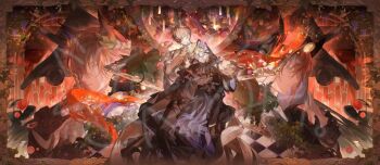  2boys animal_ears arknights black_cat black_coat black_pants border brown_hair cat cat_ears choro-nakini coat commentary dual_persona english_commentary full_body hair_over_one_eye laurel_crown male_focus miss_christine_(arknights) multiple_boys pants phantom_(arknights) red_background short_hair tragodia_(arknights) upper_body 