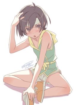  1girl black_hair blush brown_eyes commentary_request crisis_core:_final_fantasy_vii decoponmagi final_fantasy final_fantasy_vii headband highres hood hood_down looking_at_viewer open_mouth short_shorts shorts simple_background sitting sleeveless solo tomboy upshorts white_headband yuffie_kisaragi 