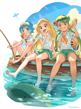 3girls alternate_costume barefoot cosplay food gen_2_pokemon gen_3_pokemon highres hot_dog kinocopro lana_(pokemon) lass_(pokemon) lass_(pokemon)_(cosplay) lass_(pokemon_sm) lillie_(pokemon) mallow_(pokemon) mantine multiple_girls nintendo pokemon pokemon_(anime) pokemon_sm pokemon_sm_(anime) school_uniform wailmer water rating:General score:79 user:RIG