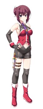  1girl aoi_masami asamiya_minami bare_shoulders black_eyes black_gloves black_skirt black_thighhighs boots breasts clothing_cutout dagger elbow_gloves fingerless_gloves full_body game_cg gloves hair_bun hand_on_own_hip highres holster knife large_variant_set looking_at_viewer miniskirt navel navel_cutout necktie non-web_source official_art pencil_skirt purple_eyes purple_hair purple_necktie red_hair self-datamine shiny_clothes short_hair sideboob single_hair_bun skirt solo standing tachi-e thigh_holster thigh_strap thighhighs transparent_background ts_magical_girl_nao variant_set weapon 