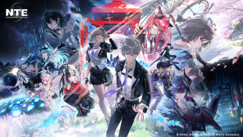  2boys 6+girls absurdres animal_ears aqua_hair black-framed_eyewear black_bodysuit black_gloves black_hair black_halo black_hat black_jacket black_thighhighs blonde_hair blue_hair bodysuit breasts cardigan cat_ears cat_girl character_request chiz_(nte) choker clothing_cutout company_name copyright_name copyright_notice daffodill_(nte) dragon_girl dragon_horns dragon_tail dress exe_(nte) eyewear_on_head female_esper_zero_(nte) finger_to_mouth glasses gloves grey_eyes hair_ornament hair_over_one_eye halo hat heart heart_hair_ornament highres holding holding_umbrella horns hotori_(nte) jacket jiuyuan_(nte) lacrimosa_(nte) long_hair looking_at_viewer male_esper_zero_(nte) mint_(nte) multicolored_hair multicolored_halo multicolored_horns multiple_boys multiple_girls nanally_(nte) necktie neverness_to_everness nitsa_(nte) nurse_dress official_art pants phone_booth pink_dress pink_eyes pink_hair pink_nails pink_streaks pointy_ears purple_eyes purple_horns purple_necktie rain red_cardigan red_eyes red_hair red_jacket red_shirt round_eyewear shinku_(nte) shirt short_hair shushing skirt split-color_hair streaked_hair tail thighhighs twintails two-tone_hair umbrella underboob_cutout wet wet_clothes wet_shirt white_hair white_halo white_pants 