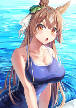  1girl absurdres animal_ears bare_shoulders blue_one-piece_swimsuit blush bow braid breasts brown_eyes brown_hair cleavage collarbone commentary_request competition_school_swimsuit double-parted_bangs ear_ornament ear_ribbon hair_between_eyes half_up_braid highres horse_ears horse_girl horse_tail large_breasts long_hair looking_at_viewer multicolored_hair one-piece_swimsuit open_mouth pool poolside satono_diamond_(umamusume) school_swimsuit single_vertical_stripe solo streaked_hair swimsuit tail tracen_swimsuit umamusume very_long_hair water wet wet_clothes wet_swimsuit yoru_usagi 