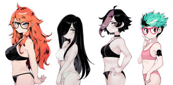  4girls amora_allegro aria_wintermint arms_behind_back beamed_eighth_notes black-framed_eyewear black_bra black_eyes black_hair black_panties blush bra breasts bust_chart commentary cowboy_shot earrings english_commentary freckles from_side green_hair grey_eyes hair_over_one_eye hand_on_own_hip hand_up highres index_finger_raised jewelry kaz_asteri large_breasts lineup long_hair looking_at_viewer medium_breasts mika_(paroro) multicolored_hair multiple_girls musical_note orange_hair original panties parororo pink_bra pink_panties purple_eyes purple_hair short_hair simple_background small_breasts smile streaked_hair striped_clothes striped_panties tattoo undercut underwear underwear_only very_long_hair white_background white_bra 