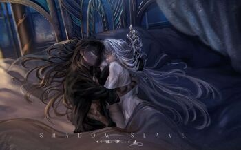  1boy 1girl abs arm_around_another's_waist black_robe closed_eyes commentary cuddling curtains dress english_commentary head_on_pillow hetero highres hug illithii long_hair lying nephis_(shadow_slave) night on_bed on_side open_clothes open_robe pillow robe shadow_slave sleeping sunny_(shadow_slave) toned toned_male very_long_hair white_dress white_hair 