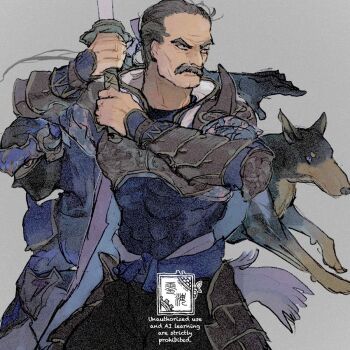  2boys armor black_hair black_mask commentary cyan_garamonde dog english_commentary facial_hair fighting_stance final_fantasy final_fantasy_vi furrowed_brow grey_background holding holding_sword holding_weapon interceptor_(ff6) long_hair male_focus mask mature_male mouth_mask multiple_boys mustache ninja_(final_fantasy) ponytail sash shadow_(ff6) shoulder_armor shoulder_spikes spikes sword tassets vambraces waist_sash weapon zerou_pan 