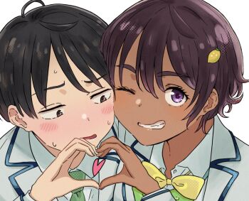  1boy 1girl black_hair blush bow bowtie brown_hair cheek-to-cheek clenched_teeth commentary_request dark-skinned_female dark_skin food-themed_hair_ornament fruit_hair_ornament fujimachi_masa green_bow green_bowtie green_necktie grin hair_ornament heads_together heart heart_hands heart_hands_duo jacket lemon_hair_ornament looking_at_viewer make_heroine_ga_oo_sugiru! necktie nukumizu_kazuhiko one_eye_closed parted_lips portrait school_uniform shirt simple_background smile sweat teeth tsuwabuki_high_school_uniform white_background white_jacket white_shirt wing_collar yakishio_lemon yellow_bow yellow_bowtie 