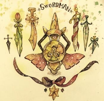  aegislash commentary_request english_text full_body gen_6_pokemon moss nintendo no_humans painting_(medium) pokemon pokemon_(creature) ribbon splatter sword traditional_media watercolor_(medium) weapon white_background yukichi_0611 