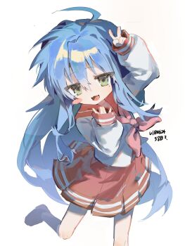  1girl absurdres aqua_hair brown_shoes dress facing_viewer highres izumi_konata long_hair lucky_star open_mouth red_dress school_uniform serafuku shoes solo straight-on v very_long_hair vibu_(vibu624) 