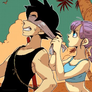  1boy 1girl beach bird black_hair blindfold blue_eyes bulma cloud dragon_ball dramatica lowres ruyi_jingu_bang oekaki outdoors palm_tree ponytail purple_hair son_goku tree  rating:Sensitive score:15 user:danbooru