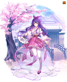  1girl absurdres arch_bridge architecture artist_request ayanokouji_kanna bad_source blue_sky blush breasts bridge brown_sandals cherry_blossoms day detached_sleeves dot_nose earrings east_asian_architecture floating_hair flower_knot folding_fan frilled_hakama frilled_skirt frills full_body grass hairband hakama hakama_skirt hand_fan highres holding holding_fan japanese_clothes jewelry kimono leg_up long_hair long_sidelocks long_sleeves looking_at_viewer maplestory maplestory_m medium_breasts miniskirt nexon obi obiage obidome obijime official_art okobo open_mouth outdoors pink_hakama pink_skirt platform_sandals purple_eyes purple_hair purple_hairband purple_sash red_ribbon ribbon ribbon-trimmed_sleeves ribbon-trimmed_thighhighs ribbon_trim sandals sash second-party_source sidelocks skirt sky sleeve_ribbon sleeveless sleeveless_kimono solo standing standing_on_one_leg straight_hair tassel teeth thighhighs tree upper_teeth_only very_long_hair white_kimono white_sleeves white_thighhighs wide_sleeves 