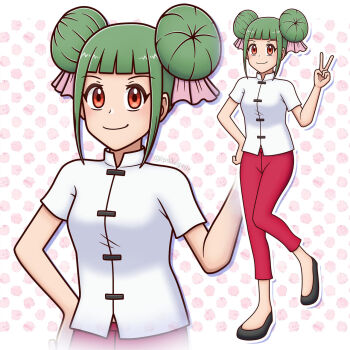 1girl cassandra_(pokemon) changshan chinese_clothes green_hair hair_buns ipokegear kung_fu_shoes looking_at_viewer nintendo orange_eyes pokemon pokemon_(anime) pokemon_(classic_anime) pokemon_ep044 smile v