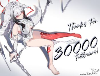  1girl animal_ear_fluff animal_ears armlet artist_name bare_shoulders barefoot black_hair breasts china_dress chinese_clothes closed_mouth dress droopy_ears english_text from_above gradient_hair grey_background hairband highres holding holding_sword holding_weapon jewelry leg_tattoo long_hair looking_at_viewer looking_up medium_breasts milestone_celebration multicolored_hair multiple_swords pelvic_curtain planted planted_sword planted_weapon qingming_sword red_eyes red_hair see-through_horns silver_armlet sitting solo sword tail tattoo team.achv thank_you toes weapon white_dress white_hair white_hairband white_tail ye_shunguang ye_shunguang_(enlightened_state) zenless_zone_zero 