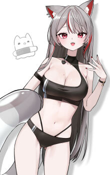  1girl absurdres animal_ear_fluff animal_ears arm_at_side bikini black_bikini breasts cleavage cowboy_shot earrings elppi ghost gluteal_fold grey_hair hand_up hashtag-only_commentary highres holding holding_swim_ring innertube jewelry large_breasts long_hair maro_(neneko_mashiro) mole mole_on_breast multicolored_hair navel neneko_mashiro open_mouth parted_bangs red_eyes simple_background smile solo standing stellive stomach straight_hair streaked_hair swim_ring swimsuit very_long_hair virtual_youtuber white_background 