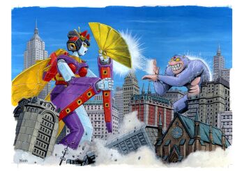  animal artist_name blank_eyes blocking blue_fur blue_sky body_fur building church clenched_teeth colored_sclera commentary_request day debris destruction duel dust electricity empire_state_building fangs folding_fan geisha geisha_robo hand_fan highres holding holding_fan lamppost manto_(tengai_makyou) mecha mizutani_kenta monkey new_york_city nihongami outdoors oversized_animal robot sky skyscraper teeth tengai_makyou tengai_makyou_ii ultra_beam ultra_series ultraman_(1st_series) yellow_sclera 