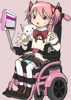  1girl :3 animal_ears animal_feet blush bow bowtie brown_shoes cat_ears creature cross-eyed disabled dot_nose drooling full_body hair_between_eyes hair_ornament hair_ribbon highres kaname_madoka kevinspevin kyubey long_sleeves mahou_shoujo_madoka_magica mahou_shoujo_madoka_magica_(anime) medium_hair mitakihara_school_uniform open_mouth pee_pad pink_background pink_eyes pink_hair plaid_clothes plaid_skirt red_bow red_bowtie red_eyes red_ribbon ribbon school_uniform shoes short_twintails sidelocks simple_background sitting sitting_in_wheelchair skirt strabismus strapped_down teeth thighhighs thighs twintails wheelchair white_thighhighs 