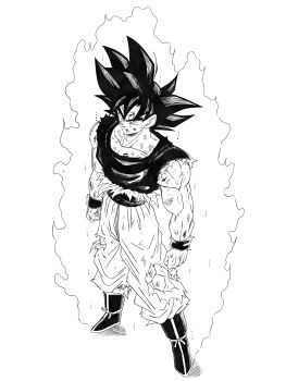  1boy absurdres aura battle_damage blood blood_on_face boots commentary dragon_ball dragon_ball_super english_commentary full_body greyscale highres looking_at_viewer male_focus medium_hair monochrome muscular muscular_male pants roub3d sash shirt simple_background solo son_goku spiked_hair standing torn_clothes torn_pants torn_shirt ultra_instinct_sign white_background wrist_cuffs 