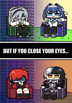  2boys 2girls ahoge arkonion armchair black_choker black_dress black_gloves black_hair black_jacket black_pants black_shoes black_thighhighs blue_bow blue_bowtie blue_eyes blue_hair blue_shoes bow bowtie breasts chain chain_headband chair chibi chibi_only choker closed_mouth commentary detached_sleeves dress english_commentary english_text fur-trimmed_jacket fur_trim glasses gloves grass grey_hair hair_intakes highres hololive hololive_english holostars holostars_english jacket long_hair long_sleeves machina_x_flayon machina_x_flayon_(1st_costume) multicolored_hair multiple_boys multiple_girls noir_vesper noir_vesper_(old_design) on_chair opaque_glasses open_clothes open_jacket ouro_kronii ouro_kronii_(1st_costume) own_hands_together pants pointy_ears red_hair red_jacket shiori_novella shiori_novella_(1st_costume) shirt shoes short_hair sitting smile split-color_hair streaked_hair striped_clothes striped_thighhighs thighhighs turn_pale two-tone_hair veil virtual_youtuber white_shirt white_veil yellow_eyes 