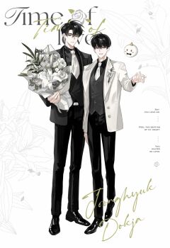  2boys :d asaki_an biyoo_(omniscient_reader's_viewpoint) black_coat black_eyes black_hair black_shirt black_vest bouquet character_name coat collared_shirt commentary flower flower_pin formal_clothes full_body highres holding holding_bouquet kim_dokja lily_(flower) male_focus multiple_boys necktie offering_hand omniscient_reader's_viewpoint open_mouth rose shirt short_hair smile standing symbol-only_commentary vest white_coat white_flower white_necktie white_rose yoo_joonghyuk 