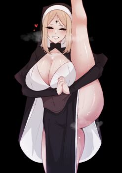  1girl black_background black_dress black_eyes black_veil blonde_hair blush breasts cleavage cleavage_cutout clothing_cutout commentary cowboy_shot dress english_commentary facial_mark forehead_mark heart heart-shaped_pupils heavy_breathing highres huge_breasts leg_up long_hair long_sleeves looking_at_viewer mamaprofennn nun nun_headdress original own_hands_clasped own_hands_together parted_bangs pelvic_curtain simple_background smile solo split standing standing_on_one_leg standing_split sweat symbol-shaped_pupils veil 