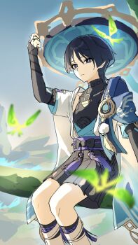  1boy armor belt black_belt black_bodysuit black_bow black_bridal_gauntlets black_eyes black_hair black_shorts blue_cape blue_gemstone blue_hat blue_kimono blue_sky blue_sleeves blunt_ends blurry bodysuit bow bridal_gauntlets cape clear_sky closed_mouth covered_collarbone crystalfly_(genshin_impact) depth_of_field expressionless eyeliner eyeshadow feathers furisode gem genshin_impact gold gold_ring hakama hakama_shorts hand_up hat highres japanese_armor japanese_clothes jingasa juban kimono kote kurokote layered_sleeves leg_warmers looking_at_viewer makeup male_focus middle_ring open_clothes open_kimono outdoors perota_1 pleated_shorts pom_pom_(clothes) purple_rope purple_sash red_eyeliner red_eyeshadow rope sash scaramouche_(genshin_impact) short_sleeves shorts shoulder_peek sitting_on_branch sketch sky solo tassel tsurime turtleneck turtleneck_bodysuit vision_(genshin_impact) wanderer_(genshin_impact) white_kimono white_leg_warmers white_sleeves white_trim wispy_bangs yellow_feathers 