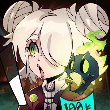  1girl black_lips blazer close-up deadlock_(game) double_bun graves_(deadlock) green_eyes hair_bun hair_over_one_eye health_bar highres jacket jewelry jiansketch school_uniform shirt skull white_hair white_shirt  rating:General score:1 user:danbooru
