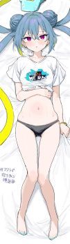  1girl astral_party bare_legs barefoot bed_sheet black_panties blush clearite colored_inner_hair dakimakura_(medium) double_bun feet full_body hair_bun highres hip_bones long_hair looking_at_viewer lying megas_(astral_party) multicolored_hair navel on_back panties purple_eyes shirt sidelocks solo thigh_gap tied_shirt translation_request twintails underwear very_long_hair white_shirt 