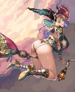  1girl arched_back ass back bare_back blonde_hair blue_hair blue_sky blush boots breasts broom broom_riding clothing_cutout colored_inner_hair commentary_request covered_erect_nipples curvy drill_hair frilled_hat frills from_behind from_side full_body gold_trim green_boots green_eyes green_hair green_headband green_streaks hat headband high_heel_boots high_heels highres huge_breasts lantern leaning_forward long_hair long_sleeves looking_at_viewer looking_back looking_to_the_side median_furrow mole mole_under_eye multicolored_hair nishii_(damnedrive) no_bra original paid_reward_available parted_lips revealing_clothes sideboob sideless_outfit sideless_shirt sky smile solo thick_thighs thighs thong twisted_torso witch witch_hat 