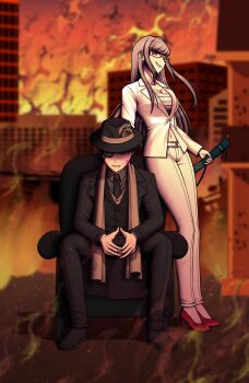  absurdres alternate_costume alternate_hairstyle black_jacket black_necktie black_pants black_shoes blood blood_on_clothes blood_on_face building chair chest_sarashi danganronpa_(series) danganronpa_3_(anime) fedora fire fulltimeangel13 hat high_heels highres jacket kuzuryu_fuyuhiko long_hair necktie official_alternate_costume official_alternate_hairstyle pants pekoyama_peko red_shoes sarashi shirt shoes smile towel white_jacket white_pants 