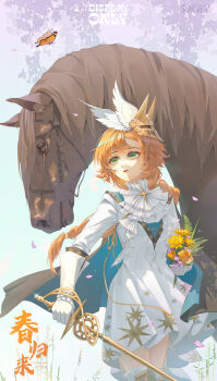  1girl absurdres ascot black_cape black_horse boots bug butterfly cape chinese_text commentary_request cowboy_shot dress english_text falling_petals flower gloves green_eyes hair_ornament highres holding holding_flower holding_sword holding_weapon insect long_braid looking_at_animal looking_to_the_side looking_up metal_0521 official_alternate_costume open_mouth orange_butterfly orange_hair petals reverse:1999 short_dress solo sonetto_(reverse:1999) sonetto_(the_steadfast_heart)_(reverse:1999) sword thigh_boots tree watermark weapon white_ascot white_boots white_dress white_gloves wing_hair_ornament yellow_flower 