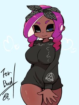  1girl black_ribbon black_shirt blue_background blush breasts dark_skin drill_hair hair_ribbon hairband heart heart_print large_breasts long_hair long_sleeves looking_at_viewer miyazero nintendo octoling octoling_girl octoling_player_character octopus_girl one_eye_closed oversized_clothes oversized_shirt pointy_ears print_ribbon print_shirt purple_hair ribbon shirt smile splatoon_(series) standing suction_cups tentacle_hair thick_thighs thighs wide_hips wink yellow_eyes 