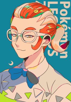  1boy bow bowtie closed_mouth commentary_request crescent_moon glasses grisham_(pokemon) highres looking_at_viewer male_focus mizuki_tsukimori moon multicolored_hair nintendo orange_eyes orange_hair pokemon pokemon_legends:_z-a ponytail red_hair shirt solo two-tone_hair upper_body white-framed_eyewear white_hair white_shirt 