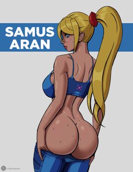  1girl ass breasts large_breasts long_hair metroid nintendo samus_aran sweat  rating:Questionable score:0 user:jojosstand
