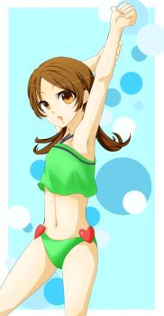 1girl :o armpits arms_up artist_request bikini blue_background brown_eyes brown_hair green_bikini halterneck heart_(symbol) long_hair looking_at_viewer lyra_(pokemon) nintendo open_mouth pokemon pokemon_hgss polka_dot polka_dot_background solo swimsuit twintails