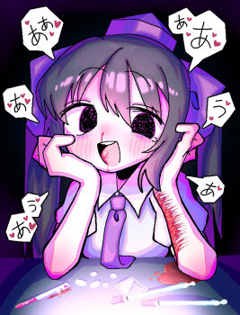  1girl black_background black_eyes black_hair blood blush bow commentary_request cookie_(touhou) cuts hair_bow hands_on_own_cheeks hands_on_own_face hat hata-tan_(rui_(hershe)) himekaidou_hatate injury long_hair looking_at_viewer melanin_shikiso necktie nosebleed open_mouth pill purple_bow purple_hat purple_necktie razor self-harm shirt short_sleeves smile solo tokin_hat touhou twintails upper_body white_shirt yurina_amado 