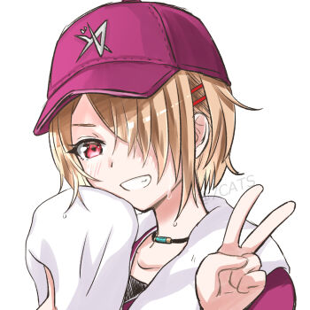 1girl 7cats baseball_cap brown_hair commentary_request hair_ornament hair_over_one_eye hairpin hat heaven_burns_red jikkyou_powerful_pro_yakyuu kayamori_ruka one_eye_covered purple_hat red_eyes short_hair simple_background smile sweat towel towel_around_neck v white_background 
