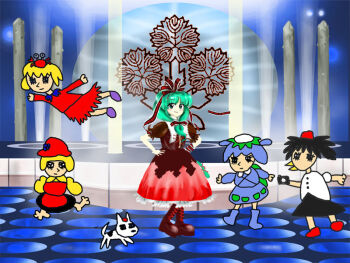  6+girls aki_minoriko aki_shizuha apron barefoot beak black_hair black_skirt blonde_hair blue_boots blue_dress blue_hair boots bow brown_boots brown_dress caricature commentary_request crab dress frilled_bow frills green_eyes green_hair hair_bow hat inubashiri_momiji inubashiri_momiji_(wolf) kagiyama_hina kams kappa kawashiro_nitori multiple_girls purple_socks red_apron red_dress red_hat red_shoes shameimaru_aya shirt shoes skirt socks tokin_hat touhou white_shirt yellow_shirt 