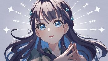  1girl blue_eyes blue_hair blush colored_inner_hair commentary_request grey_background grey_kimono half_updo halo halo_behind_head highres japanese_clothes kimono kyaku_tasu link!_like!_love_live! looking_at_viewer love_live! mole mole_on_neck multicolored_hair murano_sayaka open_mouth own_hands_together portrait smile solo steepled_fingers take_it_over_(love_live!) virtual_youtuber 