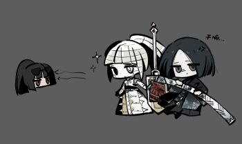  1boy 2girls albina_(project_moon) android angry armor armored_dress black_eyes black_hair blunt_bangs breastplate chibi chibi_only dress heterochromia high_ponytail holding holding_sword holding_weapon japanese_clothes kan_084 limbus_company long_hair multiple_girls ponytail project_moon red_eyes ren_(project_moon) ryoshu_(project_moon) sparkle sunglasses sword weapon white_eyes white_hair 