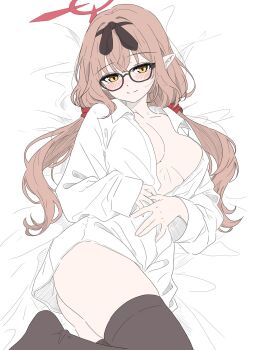  1girl black_hairband black_thighhighs blue_archive blush breasts brown_hair chinatsu_(blue_archive) closed_mouth collared_shirt emjookang glasses hairband halo hashtag-only_commentary highres large_breasts long_hair looking_at_viewer low_twintails no_bra no_panties partially_open_shirt pointy_ears red_halo shirt smile solo thighhighs twintails white_shirt 