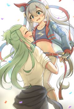  2girls animal_ears belt blue_eyes blue_hairband blue_jacket blue_sports_bra blush carrying carrying_person closed_eyes clothes_around_waist commentary_request confetti crop_top ear_covers ear_piercing fang fingerless_gloves gloves green_hair grey_hair grey_tail hair_between_eyes hairband headband highres horse_ears horse_girl horse_tail jacket komiyama_masami lightning_bolt_print lightning_bolt_symbol long_hair long_sleeves midriff multiple_girls navel open_mouth pants piercing red_belt red_headband shirt skin_fang sleeves_rolled_up smile sports_bra striped_clothes striped_hairband sweatdrop tail tamamo_cross_(umamusume) tamamo_cross_(with_lightning_speed)_(umamusume) umamusume umamusume:_cinderella_gray user_njyp2785 very_long_hair white_gloves white_pants white_shirt 