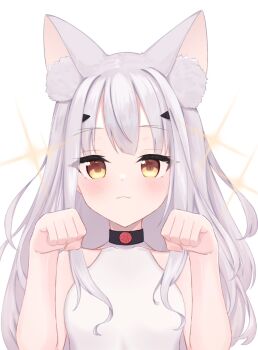  1girl animal_ear_fluff animal_ears bare_arms bare_shoulders blush breasts brown_eyes closed_mouth commentary_request covered_collarbone fate/grand_order fate_(series) grey_hair hands_up highres kemonomimi_mode long_hair looking_at_viewer melusine_(fate) one-piece_swimsuit paw_pose riya_(01214) simple_background small_breasts solo sparkle swimsuit white_background white_one-piece_swimsuit 