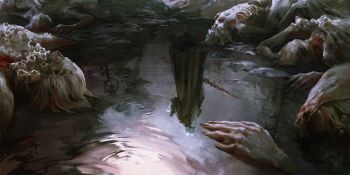  1girl 6+others artist_name bloodborne cape corpse eldritch_abomination grey_hair hat highres holding holding_unworn_clothes holding_unworn_hat holding_weapon jlien- lady_maria_of_the_astral_clocktower long_hair multiple_others open_mouth reflection standing unworn_hat unworn_headwear watermark weapon 