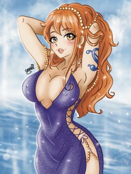  1girl arm_tattoo armpits arms_behind_head arms_up artist_request bare_shoulders blush breasts brown_eyes covered_erect_nipples dress gem jewelry large_breasts lips long_hair nami_(one_piece) nami_(one_piece)_(zou) necklace official_alternate_costume one_piece open_mouth orange_hair pearl_(gemstone) pearl_necklace smile tattoo 