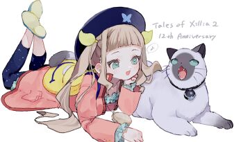 1girl absurdres anniversary backpack bag bell beret blue_dress blue_eyes blue_sclera blue_shoes blunt_bangs brown_hair cat colored_sclera copyright_name dress elle_mel_marta hashtag-only_commentary hat highres jacket jewelry long_hair looking_at_another lying musical_note nancykittyu neck_bell necklace on_stomach pink_jacket print_leggings rollo_(tales) shoes simple_background smile solo spoken_musical_note tales_of_(series) tales_of_xillia tales_of_xillia_2 the_pose twintails white_background 