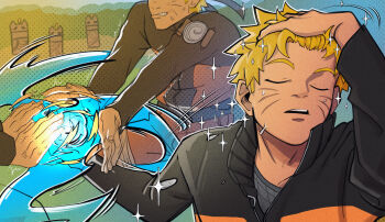  absurdres adjusting_hair blonde_hair clone closed_eyes flak_jacket hand_in_own_hair hand_on_own_head highres jacket male_focus meme multiple_boys naoya_hitting_choso_without_looking_(meme) naruto_(series) naruto_shippuuden orange_jacket parody rasen_shuriken rasengan scene_reference spiked_hair uzumaki_naruto yodzo_ynh 