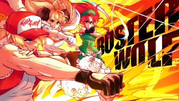  1boy 2girls absurdres anila_(granblue_fantasy) black_gloves blonde_hair blue_eyes breasts buster_wolf character_request chinese_clothes cleavage commentary commission copyright_name crossover embodiment_of_scarlet_devil english_commentary fatal_fury fingerless_gloves floating_clothes floating_hair frills gloves granblue_fantasy green_hat hair_over_one_eye hat hat_ornament highres hong_meiling horns long_hair midriff multiple_crossover multiple_girls muscular muscular_male navel ponytail red_hair red_vest sheep sheep_horns shirt star_(symbol) star_hat_ornament terry_bogard torn_vest touhou vest white_gloves white_shirt yagirevart yellow_background yellow_eyes 